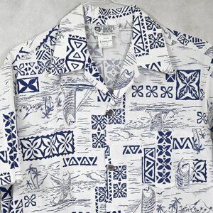 VINTAGE 70s Liberty House by Napili Island Theme Blue and White Hawaiian Shirt M